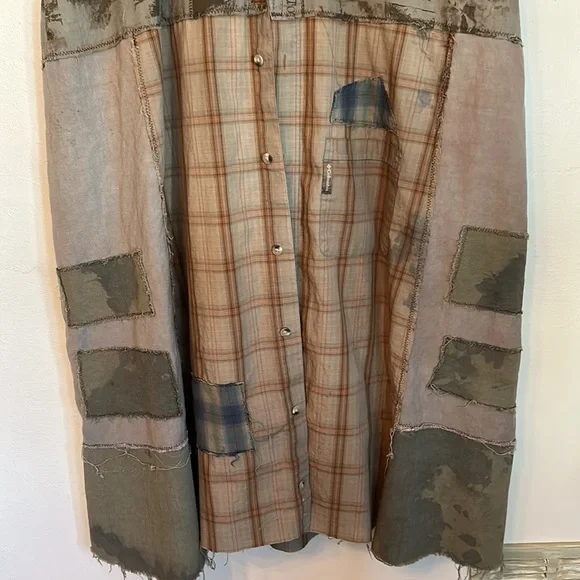 Upcycled patched over dyed fringe back sportsmen’s fish print plaid duster shirt